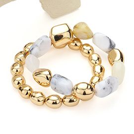 2PCS - Natural Pebble Stone Metal Ball Beaded Stretch Layered Bracelets