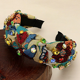 Stone Cluster Embellished Colorful Mesh Knot Headband