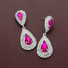 Teardrop Stone Centered Rhinestone Paved Rim Dangle Evening Earrings