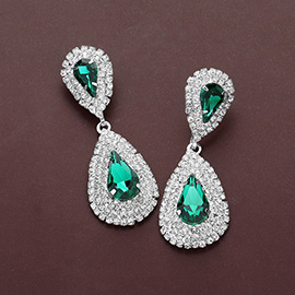 Teardrop Stone Centered Rhinestone Paved Rim Dangle Evening Earrings