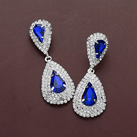 Teardrop Stone Centered Rhinestone Paved Rim Dangle Evening Earrings