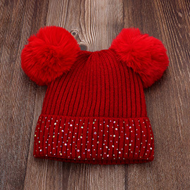 Double Pom Pom Bling Studded Cuff Beanie Hat