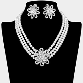 Stone Embellished Flower Pendant Pearl Strand Necklace