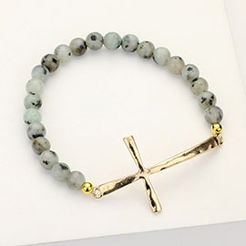 Hammered Metal Cross Semi Precious Natural Stone Beaded Stretch Bracelet