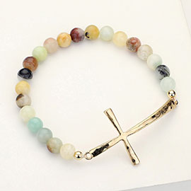 Hammered Metal Cross Semi Precious Natural Stone Beaded Stretch Bracelet