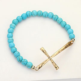 Hammered Metal Cross Semi Precious Natural Stone Beaded Stretch Bracelet