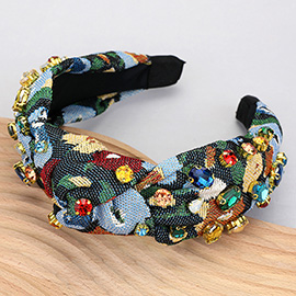 Floral Patterned Stone Cluster Embellished Knot Headband