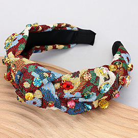 Floral Patterned Stone Cluster Embellished Knot Headband