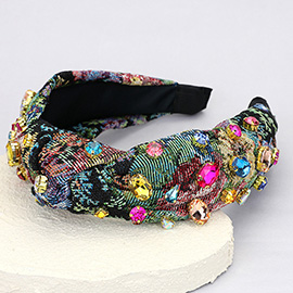 Floral Patterned Stone Cluster Embellished Knot Headband