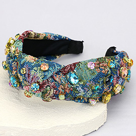 Floral Patterned Stone Cluster Embellished Knot Headband