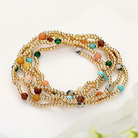 6PCS - Natural Stone Metal Ball Beaded Stretch Multi Layered Bracelets