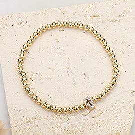 SECRET BOX_Stone Paved Cross Brass Metal Ball Beaded Stretch Bracelet