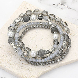 4PCS - Semi Precious Pearl Faceted Beaded Stretch Multi Layered Bracelets