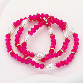 3PCS - Pearl Faceted Beaded Stretch Multi Layered Bracelets