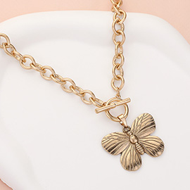 Worn Metal Butterfly Pendant Toggle Deco Necklace