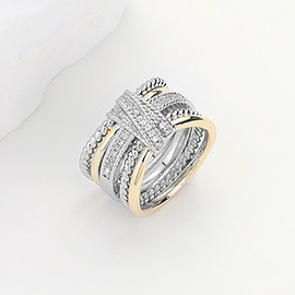 Two Tone CZ Stone Paved Crossover Ring