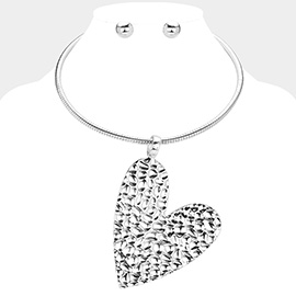 Textured Metal Heart Pendant Statement Necklace