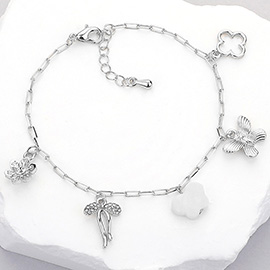 Stone Paved Flower Bow Butterfly Quatrefoil Charm Station Bracelet