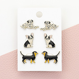 3PAIRS - Enamel Dog Stud Earring Set