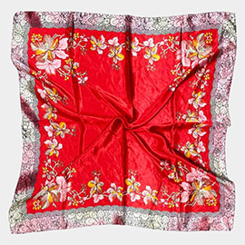 Flower Pattern Printed Square Silky Satin Scarf Shawl