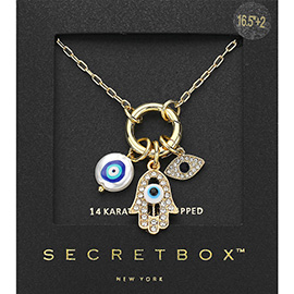 SECRET BOX_14K Gold Dipped Stone Paved Evil Eye Hamsa Hand Enamel Evil Eye Pendant Necklace