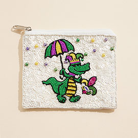 Mardi Gras Alligator Sequin Pearl Ball Seed Beaded Mini Pouch Bag