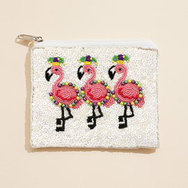 Mardi Gras Flamingo Sequin Pearl Ball Seed Beaded Mini Pouch Bag