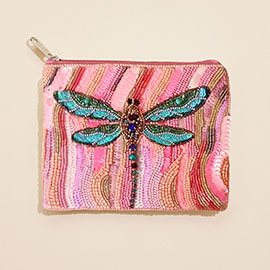 Dragonfly Sequin Stone Seed Beaded Mini Pouch Bag