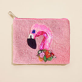 Flamingo Sequin Seed Beaded Mini Pouch Bag