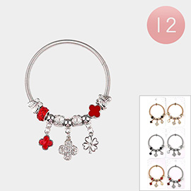 12PCS - Stone Paved Quatrefoil Metal Clover Charm Stretch Bracelets