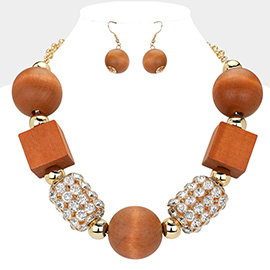 Wooden Ball Cube Rhinestone Tube Link Statement Necklace