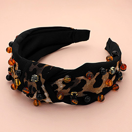 Stone Ball Embellished Leopard Printed Knot Headband