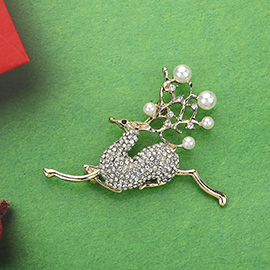 Stone Paved Pearl Embellished Reindeer Pin Brooch