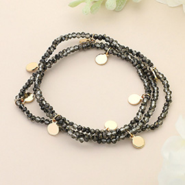 3PCS - Metal Disc Charm Faceted Beaded Stretch Multi Layered Bracelets