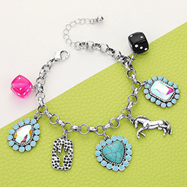 Dice Teardrop Rectangle Stone Cluster Turquoise Heart Cluster Metal Cactus Western Horse Charm Station Bracelet