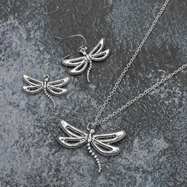 Antique Metal Hammered Open Dragonfly Pendant Necklace