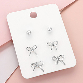 3Pairs - Pearl Metal Bow Stud Earrings Set 