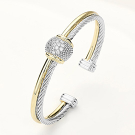 Two Tone CZ Stone Paved Ball Accented Cuff Bracelet