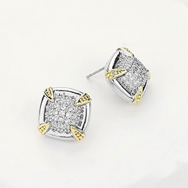 14K Gold Plated CZ Stone Paved Square Stud Earrings