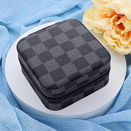 Faux Leather Checkered Pattern Portable Square Jewelry Box