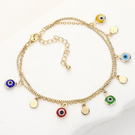 Evil Eye Metal Disc Charm Station Double Layered Bracelet 