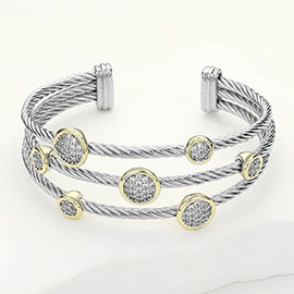 Stone Paved Round Bezel Pointed Split Cuff Bracelet