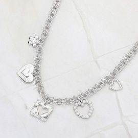 Pearl Metal Heart Flower Charm Station Necklace