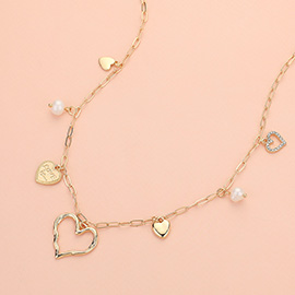 Heart Pearl Charm Station Necklace