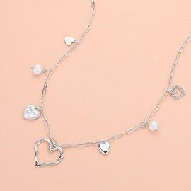 Heart Pearl Charm Station Necklace