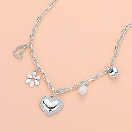 Heart Flower Pearl Charm Station Necklace