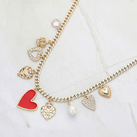 Enamel Stone Paved Metal Heart Pearl Charm Station Necklace