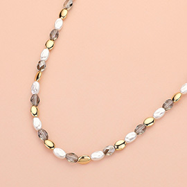 Pearl Metal Pebble Faceted Beaded Necklace