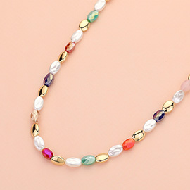 Pearl Metal Pebble Faceted Beaded Necklace