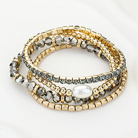 4PCS - Pearl Pointed Rhinestone Metal Ball Faceted Beaded Stretch Multi Layered Bracelets